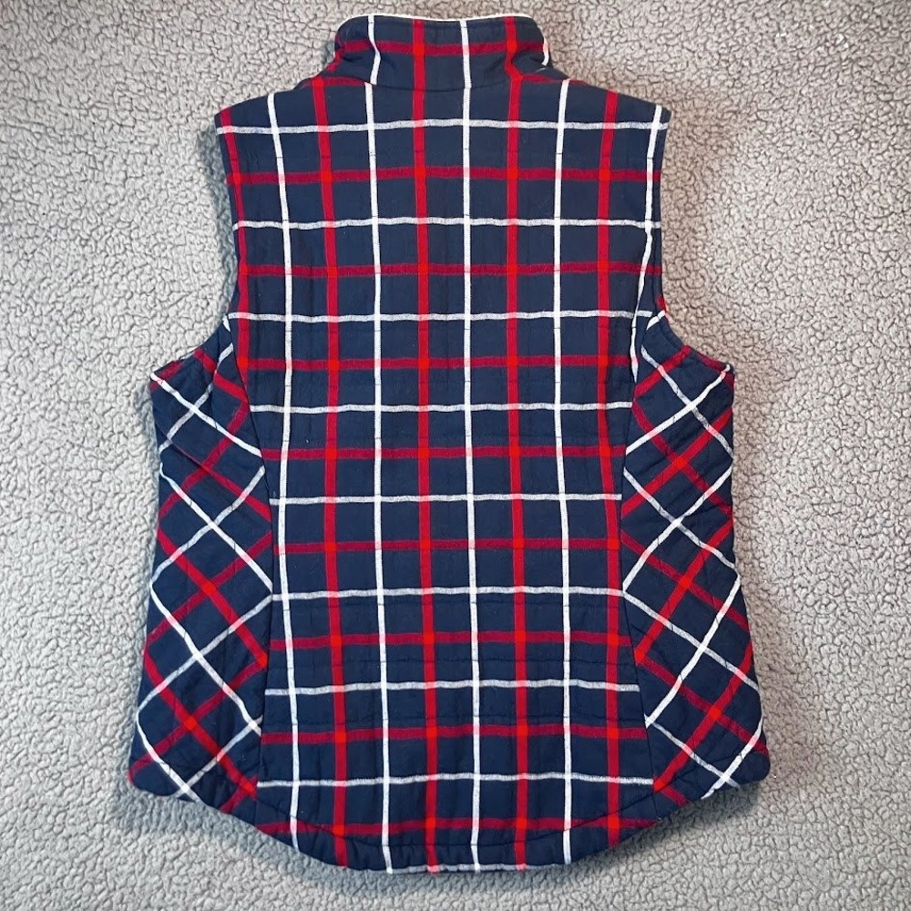 Duluth Trading Co Womens L Plaid Sherpa Lined Quilted‎ Vest Navy Red White Zip - Picture 4 of 8